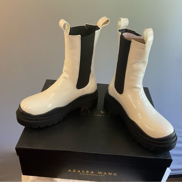 Azalea Wang Akira Ghosted White Black Chelsea Boot, Faux Patent Leather, NIB, 7 - Picture 14 of 16